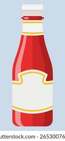 A minimalist, flat design illustration of a classic glass bottle filled with red sauce, possibly ketchup or tomato paste, with a white label and a ribbed white cap.
