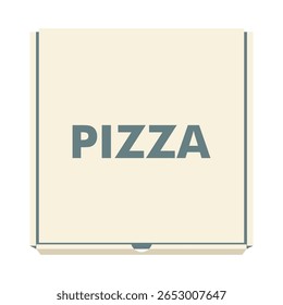 Ilustração minimalista e plana de uma caixa de pizza fechada com a palavra "PIZZA" em letras grandes, negrito e cinzentas centradas na tampa. A caixa tem uma superfície de cor creme e uma borda cinza-escura fina.