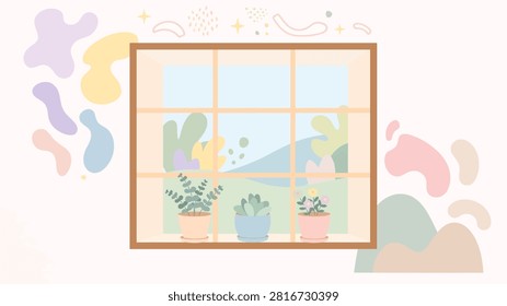 Minimalist flat design illustration of a cozy window scene with potted plants on the sill. Outside, an abstract pastel landscape; inside, organic shapes decorate the light-colored wall.