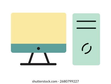 Una ilustración de diseño plano minimalista de una computadora de escritorio. Cuenta con un monitor y una unidad de sistema en un estilo limpio y moderno. Gráfico aislado perfecto para temas de tecnología u oficina.
