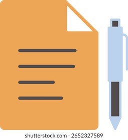 Una ilustración de diseño minimalista y plano con una hoja de papel con líneas de texto y un bolígrafo azul claro, que simboliza la escritura, la documentación o la toma de notas.