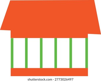 A minimalist, flat design illustration featuring an orange roof-like shape, five vertical green bars, and an orange base, set against a white background. This abstract representation suggests a stylized building or market stall.