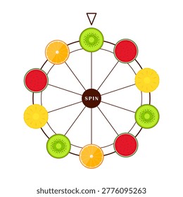 A minimalist flat design illustration of a fruit spin wheel game. The circular wheel features slices of kiwi, orange, watermelon, and pineapple arranged around its perimeter. A central hub displays the word 'SPIN', and a triangular pointer is positioned at the top. The graphic is isolated on a pure white background.