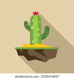 Minimalist flat design illustration of a green cactus growing on a floating island, casting a long shadow