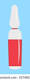 Minimalist flat design illustration of a medical ampoule on a light blue background, symbolizing healthcare and medication