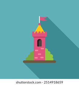 Minimalist flat design illustration of a pink castle tower with a waving flag on top