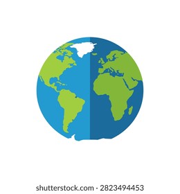 A minimalist flat design illustration of the planet Earth featuring green continents and blue oceans. The globe is divided into four quadrants with subtle color variations, showing the Americas, Africa, and Europe on a clean white background.