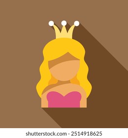 Ilustração de design plano minimalista de uma princesa vestindo uma coroa dourada, ideal para conceitos de conto de fadas e fantasia