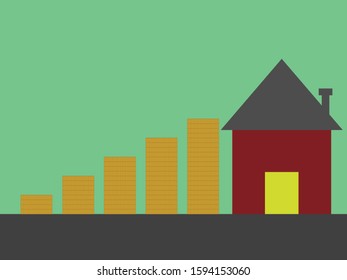 A minimalist flat design illustration of a red house with yellow window against a mint green background, accompanied by ascending orange bars representing financial growth.