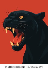 Minimalist flat design illustration of a roaring black panther head in profile view with open mouth and sharp teeth. Vector concept of a powerful wild cat predator isolated on a vibrant red background.