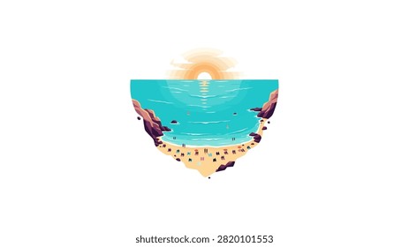 A minimalist flat design illustration of a secluded tropical beach cove at sunset. The scene features a glowing sun on the horizon, calm turquoise waters, and a sandy shore dotted with tiny people and umbrellas, all framed within a semi-circular shape on a white background.