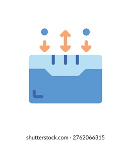 Minimalist flat design illustration shows water absorption process into container. Graphic composition and light blue color enhance clean concept.
