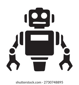 Una ilustración de diseño minimalista y plano de un robot sonriente con un cuerpo rectangular, dos brazos y una Pequeña olla en la parte inferior.