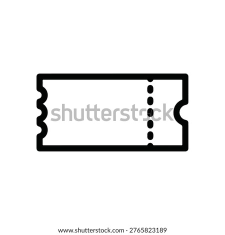 A minimalist, flat design illustration of a ticket, featuring a rectangular shape with a perforated edge on the left side. It's a clean, vector graphic.