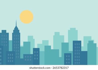Um design plano minimalista ilustração de um horizonte urbano da cidade com um sol amarelo e céu azul claro. Perfeito para fundos, sites ou temas urbanos animados.