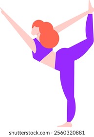 Minimalist flat design illustration of a young woman with red hair practicing yoga, performing the Natarajasana, also known as Lord of the Dance Pose