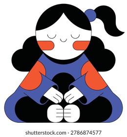 A minimalist, flat design illustration of a young girl with black hair in a ponytail, eyes closed, meditating. She wears a blue and orange outfit and sits in a cross-legged position.