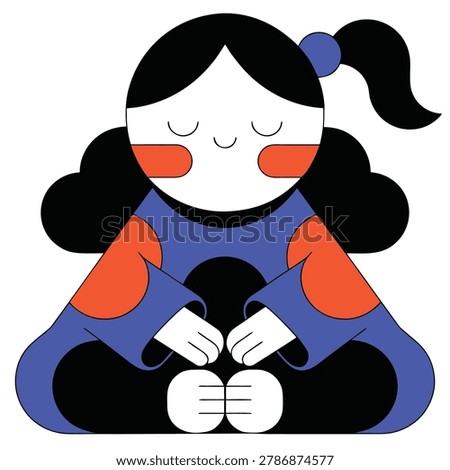 A minimalist, flat design illustration of a young girl with black hair in a ponytail, eyes closed, meditating. She wears a blue and orange outfit and sits in a cross-legged position.