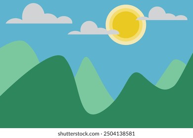 Paisaje de diseño plano minimalista con sol y colinas