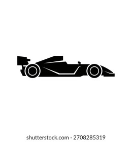 Minimalist flat design logo of black silhouette of a formula one race car, side view vector logo template