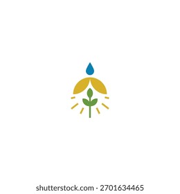 Icono minimalista de logotipo de diseño plano con una planta verde en crecimiento, iluminada por rayos de sol dorados, con una gota de agua azul encima