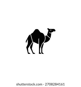 Minimalist flat design logo of silhouette of a camel standing on a, showcasing its distinctive hump and features vector logo template