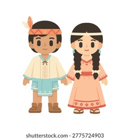 Minimalist flat design of a Native American couple. The man wears a light tunic with blue loincloth and boots, while the woman wears a peach-colored dress with geometric embroidery and long braids.