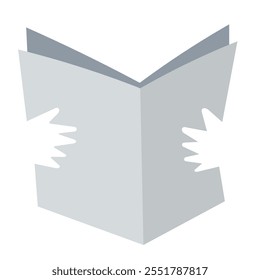 Minimalist flat design of an open newspaper with no text or details, held by simple white hands, symbolizing print media, reading, gaining knowledge and information