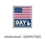 Minimalist flat design poster celebrating the 4th of July, featuring the American flag, Statue of Liberty, and bold Independence Day typography. Ideal for patriotic events, national celebrations.