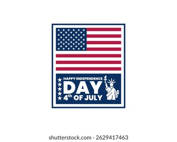 Minimalist flat design poster celebrating the 4th of July, featuring the American flag, Statue of Liberty, and bold Independence Day typography. Ideal for patriotic events, national celebrations.