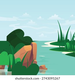 Minimalist Flat Design River Landscape Illustration