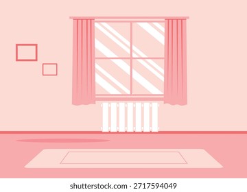  Interior minimalista de la habitación de diseño plano con ventana, cortinas rosadas, radiador y marcos vacíos - Ilustración de espacio de vida de hogar moderno.