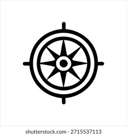 Minimalist flat design ship wheel icon in black and white, scalable vector for maritime, boating, and navigation themes.