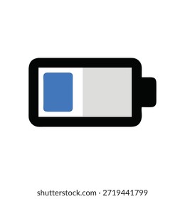 Un diseño plano minimalista que muestra un ícono de la batería con bajo Recargo azul sobre un fondo blanco, área gris que indica Recargo faltante.