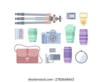 Minimalist flat design showing a camera, lenses, accessories, and storage items for photography gear.