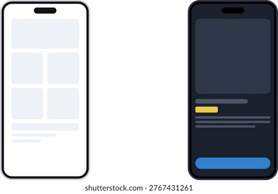A minimalist flat design showing two smartphone mockup screens featuring ecommerce website wireframe templates in light and dark mode layouts.