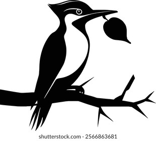 A minimalist, flat design of a silhouette woodpecker icon with a small leaf in its mouth