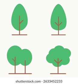 Minimalist flat design of various green tree icons with round, oval, and pine shapes in vector style