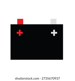 A minimalist flat design vector of a black car battery with red and white terminals. Ideal for automotive repair services, battery replacement guides, and energy power graphics.