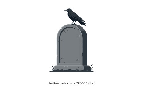 A minimalist flat design vector graphic featuring a cracked, grey arched tombstone with a large black bird, likely a raven or crow, sitting on top of the headstone. The base includes small clumps of dark grass, all isolated on a white background for easy extraction.