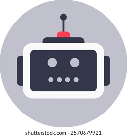 Minimalist flat design vector icon of a cute robot face with antenna, representing artificial intelligence, machine learning, and futuristic technology