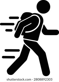 A minimalist flat design vector icon illustrating a dark grey silhouette of a person wearing a backpack while walking rapidly or hiking, indicated by horizontal speed lines behind them. This scalable EPS vector file is perfect for outdoor recreation branding, travel agency logos, hiking clubs, backpacking travel guides, and active lifestyle graphics.