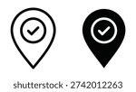 Minimalist flat design vector illustration of a location pin with a checkmark, symbolizing success, completion, or destination reached in a clean, scalable graphic style.