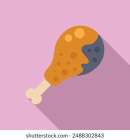 Minimalist flat design vector illustration of a cartoon fried chicken leg on a pink background