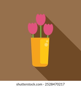 Ilustração de vetor de design plano minimalista de três tulipas cor-de-rosa com caules verdes em um vaso amarelo, lançando uma longa sombra sobre um fundo marrom