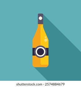 Minimalist flat design vector illustration featuring a yellow beer bottle with a black label, isolated on a turquoise background with a long shadow