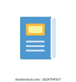 A minimalist flat design vector illustration of a blue book with a yellow title area. Isolated on White Background, centered.