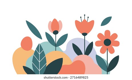 Ilustração de vetor de design plano minimalista com flores abstratas e elementos botânicos dispostos em uma composição limpa e moderna. Usa paleta de cores de mola vibrante, porém suave, com formas geométricas simples e espaço negativo balanceado. Adequado para branding, cartazes, cartões de saudação, mídias sociais, embalagem, artigos de papelaria e design editorial.