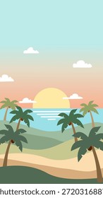 Ilustração de vetor de design plano minimalista de uma praia tropical ao pôr do sol. Perfeito para viagens de verão, fundos de férias e conceitos de natureza serena.