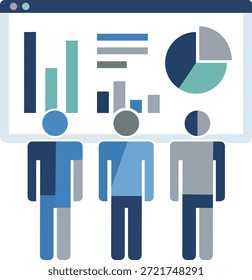 A minimalist flat design vector illustration featuring three stylized figures in front of a large screen displaying various data visualizations including bar charts and a pie chart, representing business analysis, teamwork, or a data presentation.
